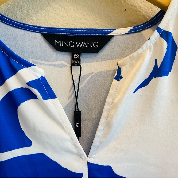 MING WANG NWT Blue White Abstract Print Silky Split Neck Ruffle Sleeve Blouse - Picture 5 of 8